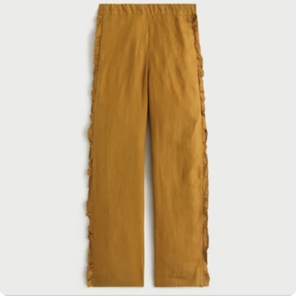 J. Crew Wide Leg Cropped Ruffle 100% Linen Pant Mustard Brown Size XS